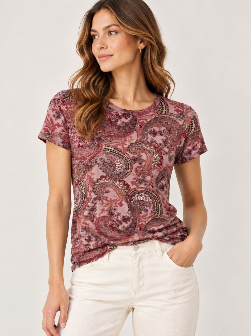 L’Agence Ressi T Shirt Mauve Paisley Size Small Short Sleeve Pink Purple Pattern